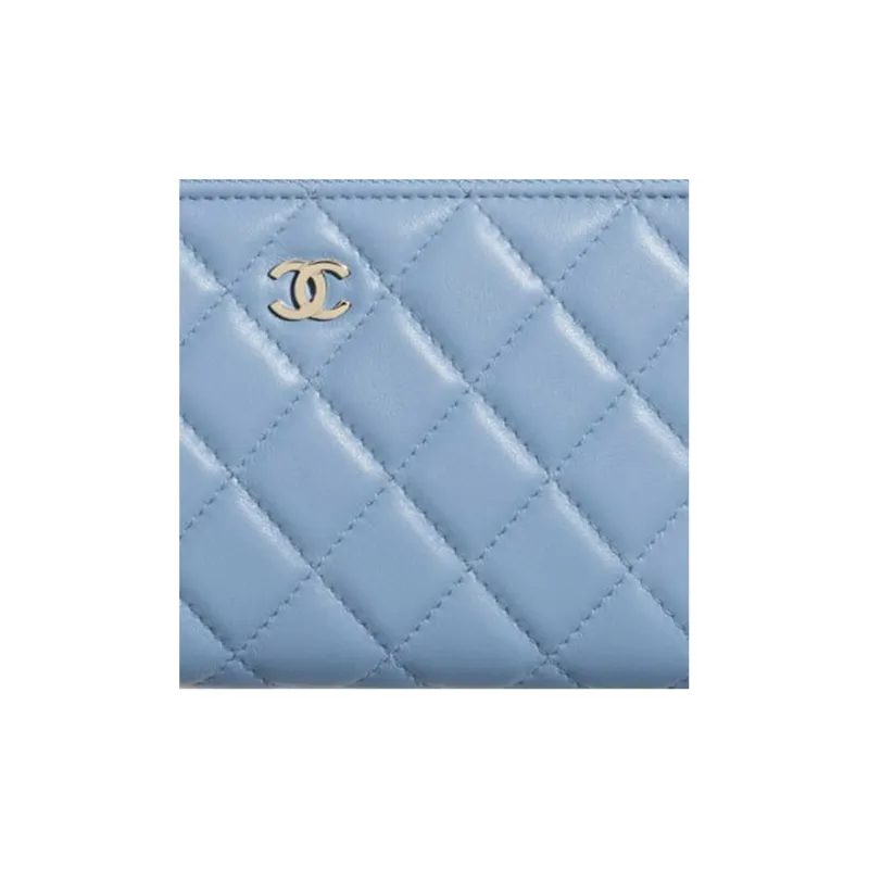 CHANEL Lambskin Zip Closure Wallet Unisex Sky Blue-4