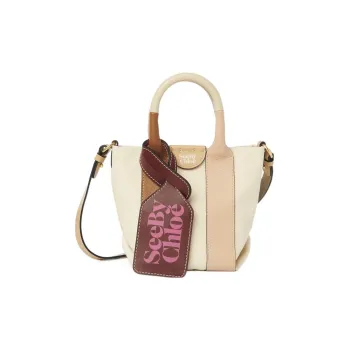 See By Chloe Laetizia Canvas With Leather Tote Bag, Shopping Bag, Crossbody Bag, Handbag Mini Women's Caramel