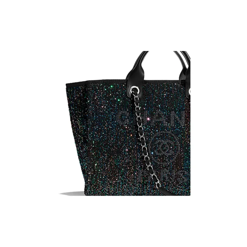CHANEL Viscose Calfskin Sequins And Silver Metal Tote Bag, Shopping Bag, Handbag Tubas Women's Black-3