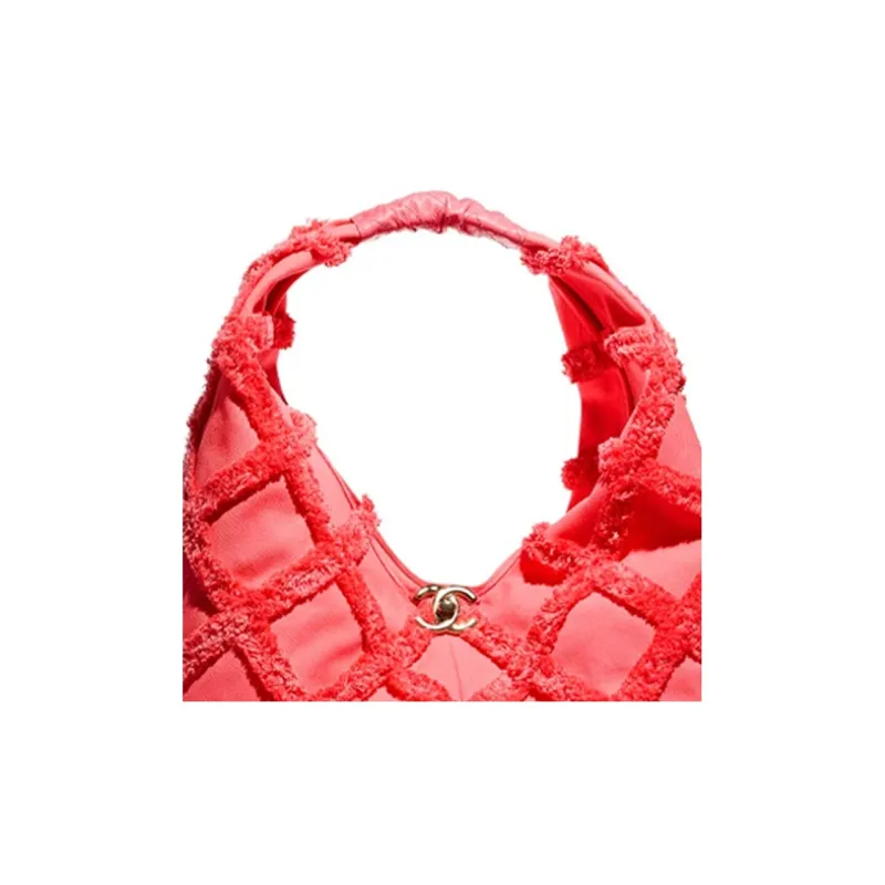 CHANEL Cotton Canvas With Calfskin HOBO Shoulder Bag Tubas Women's Coral-4