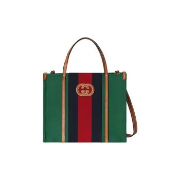 GUCCI Cotton Fabric With Leather Tote Bag Shopping Bag Handbag Small Size Women's Green/Red/Dark Blue
