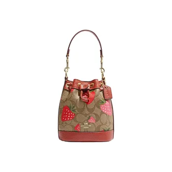 COACH Dempsey Cow Leather Bucket Bags Handbags Medium Size Women's Red & Brown Monogram