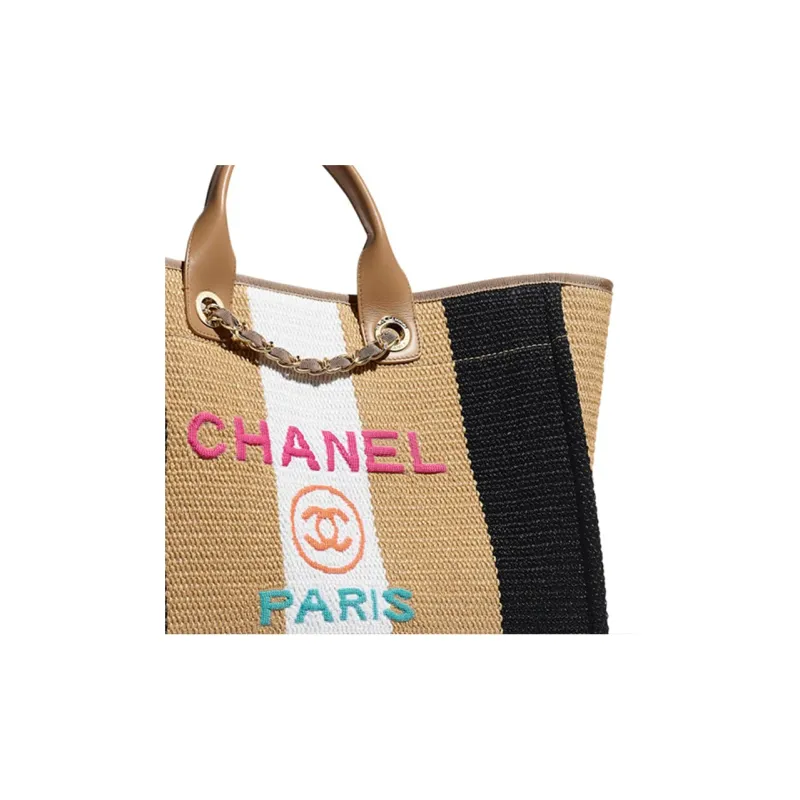 CHANEL Viscose Cotton Calfskin Beach Bag, One Shoulder Handbag Women's Beige Black-3