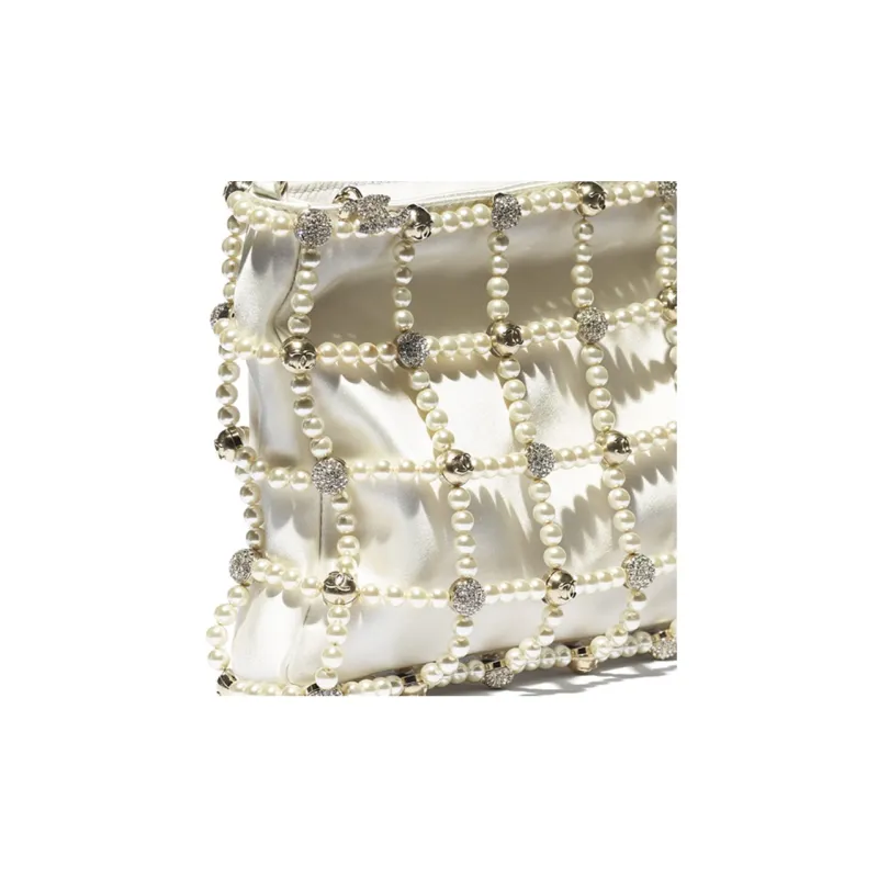 CHANEL Satiny Glass Pearl And Gold Metal Clutch Women's White-3