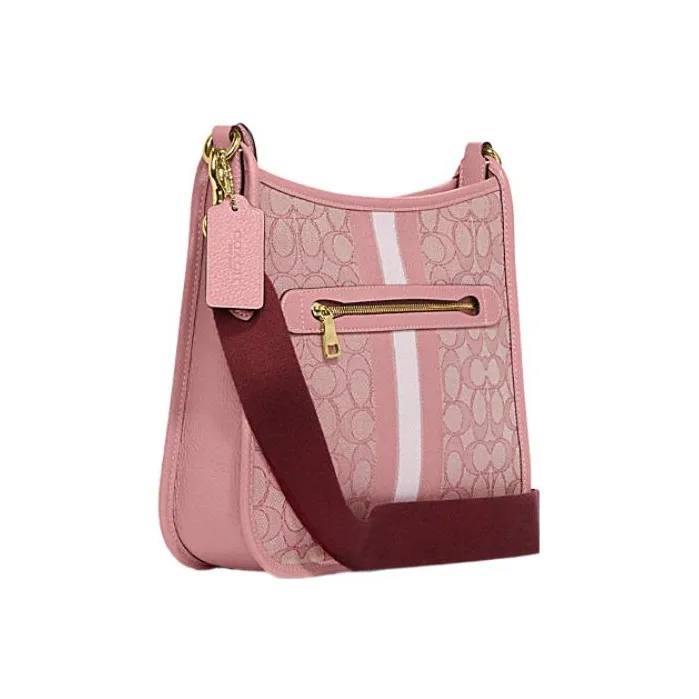 COACH Dempsey Fabric Cow Leather Patchwork Shoulder Bag Crossbody Bag Large Size Women's Pink-1