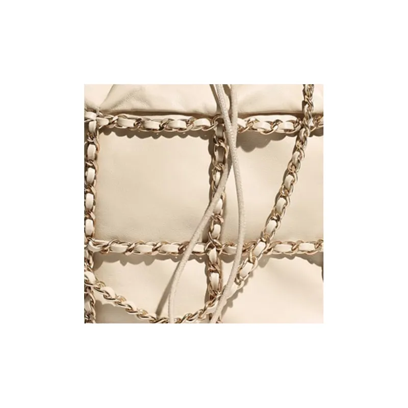 CHANEL Drawstring Lambskin Bucket Bag, Portable Crossbody Bag, Shoulder Bag Women's Beige-4