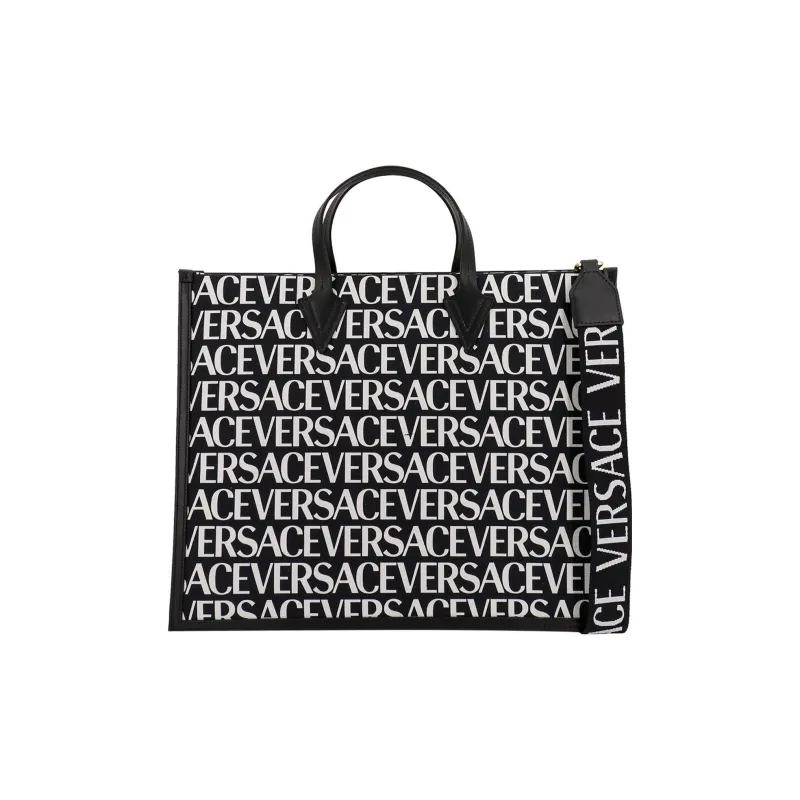 VERSACE Canvas With Leather Tote Bag Shopping Bag Canvas Bag Shoulder Bag Crossbody Bag Handbag Men's Black White-1