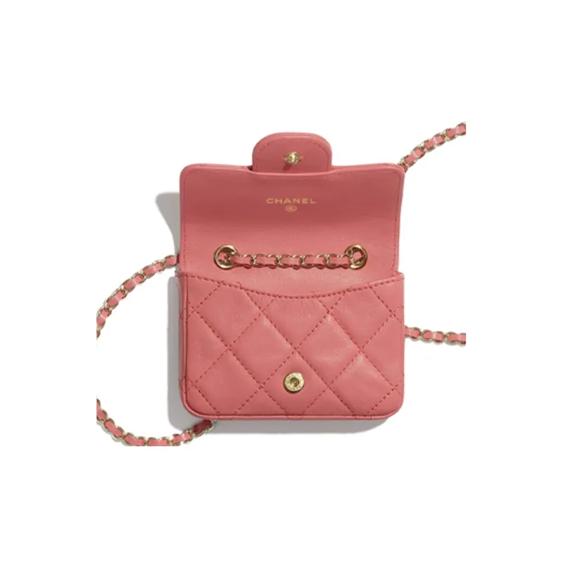 CHANEL Lambskin & Gold Metal Card Holder Waist Chain Fanny Pack Women's Coral-4