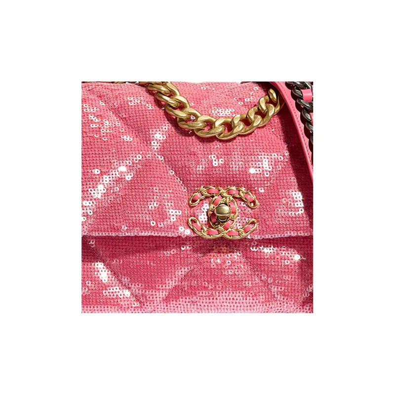 CHANEL 19Bag Sequined Calfskin Flap Bag, Shoulder Bag, Crossbody Bag Trumpets Women's Coral-4