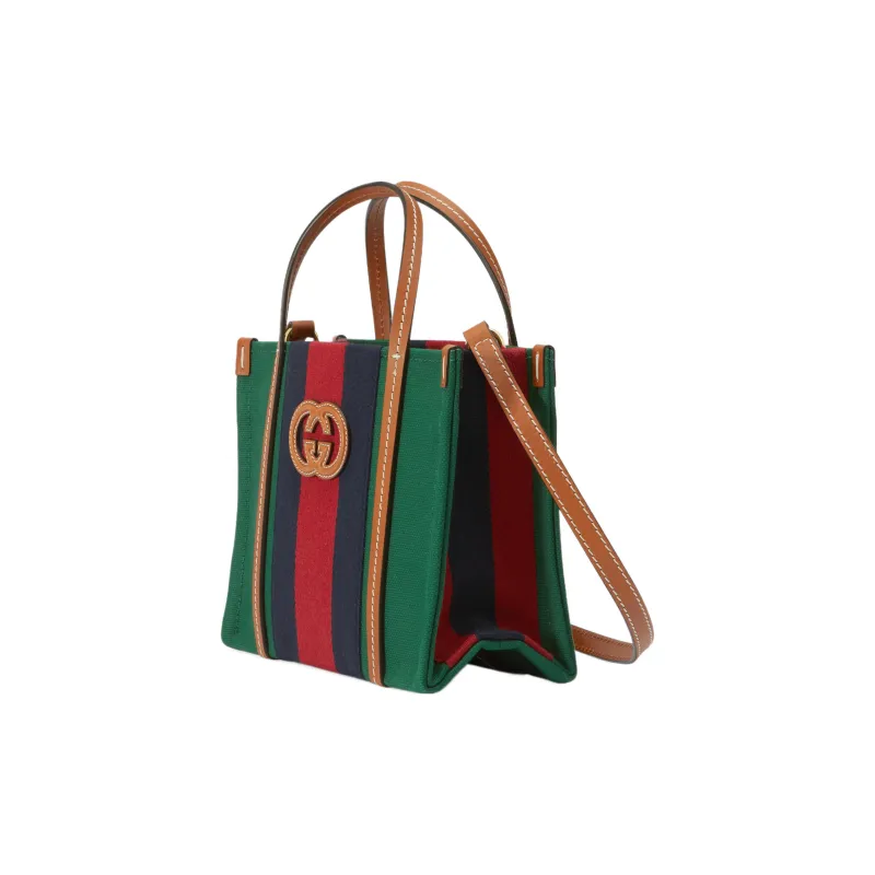 GUCCI Cotton Fabric With Leather Tote Bag Shopping Bag Handbag Mini Women's Green/Red/Dark Blue-2