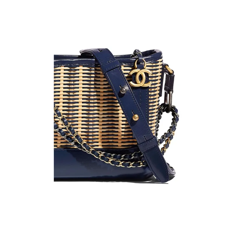 CHANEL Bamboo Woven With Cow Leather Shoulder Bag, Crossbody Bag, Handheld Backpack Trumpets Women's Beige/Marine Blue-3