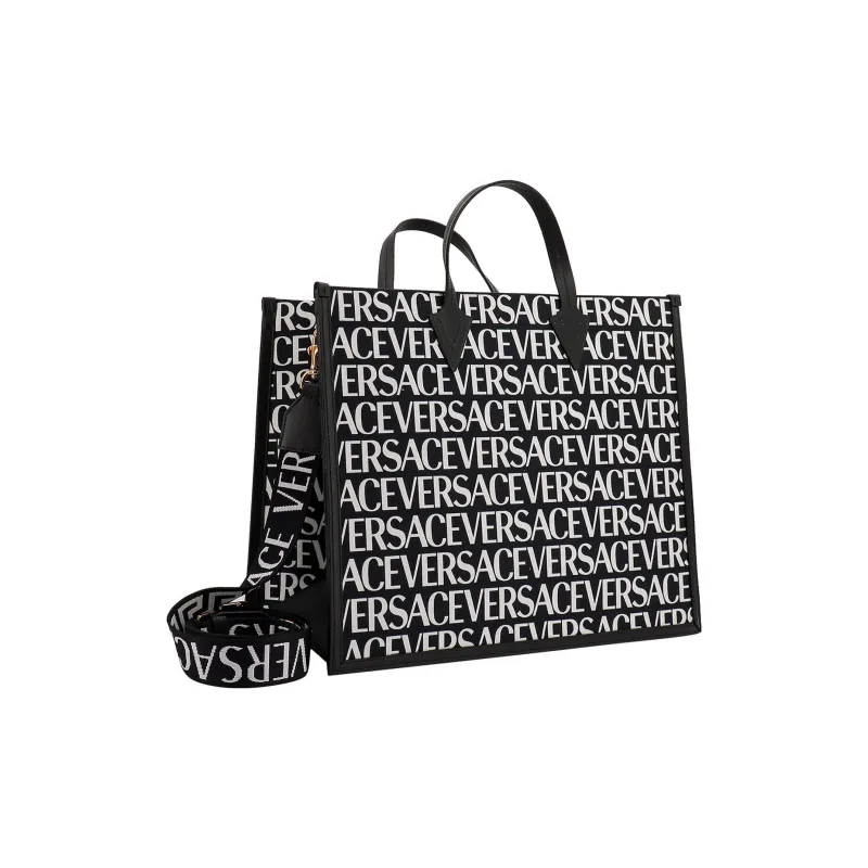 VERSACE Canvas With Leather Tote Bag Shopping Bag Canvas Bag Shoulder Bag Crossbody Bag Handbag Men's Black White-2