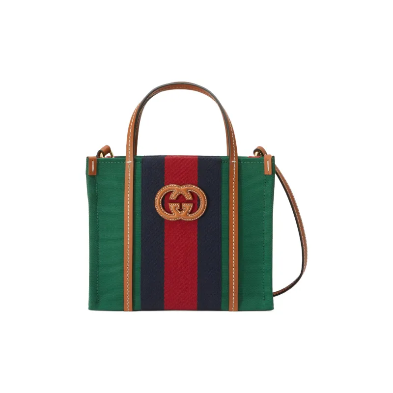 GUCCI Cotton Fabric With Leather Tote Bag Shopping Bag Handbag Mini Women's Green/Red/Dark Blue-0
