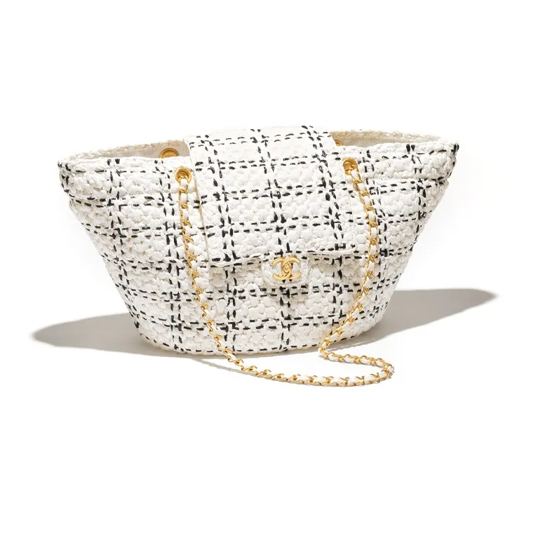CHANEL Raffia With Tweed Basket Bag, Handbag, Shoulder Bag Women's White & Black-1