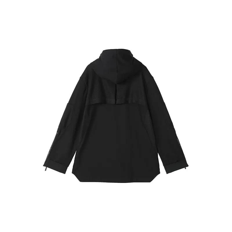 NORVINCY Solid Color Patchwork Mesh Hooded Long Sleeved T Shirt Unisex-3