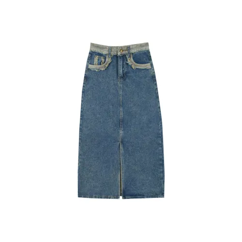 QYPRF Denim Long Skirts Women's Vintage Blue