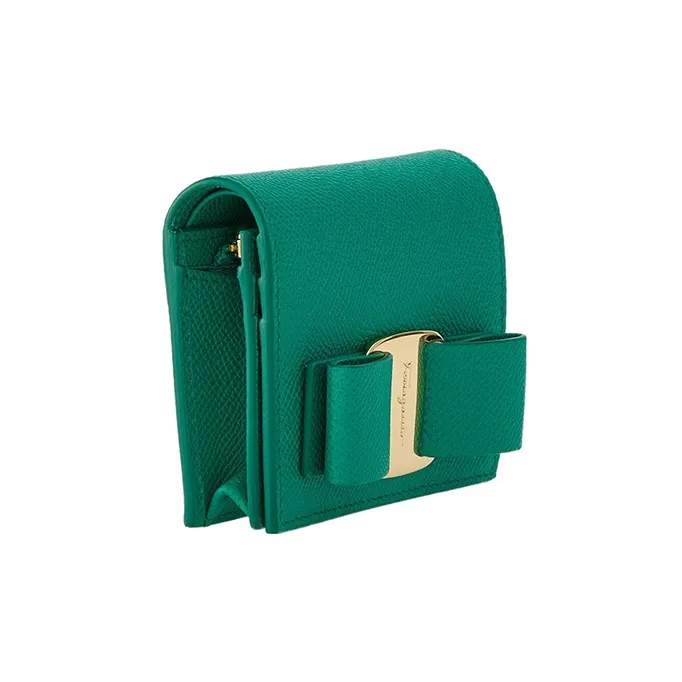 FERRAGAMO Hammered Texture Calfskin Wallet Mini Women's Emerald Green-1