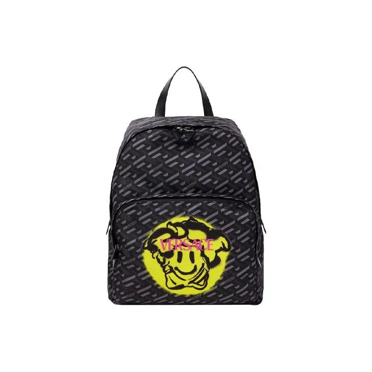 VERSACE Fabric Backpack Regular Men's Black Gray Color & Yellow-0