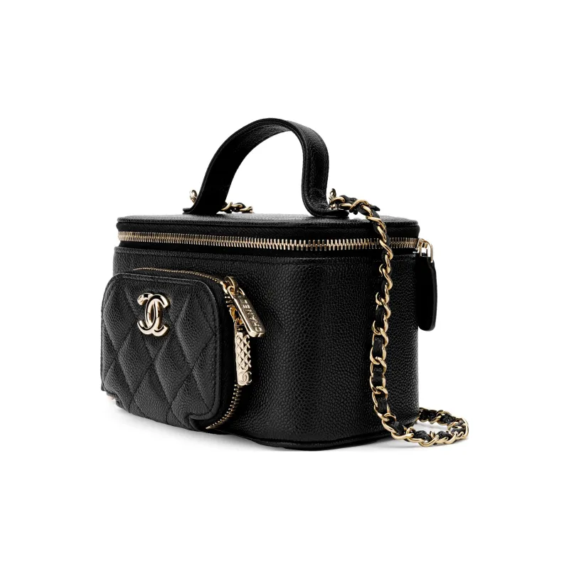 CHANEL 23P SS Litchi Grain Cow Leather Box Bag Makeup Bag Handbag Shoulder Bag Crossbody Bag Medium Size Unisex Black-1
