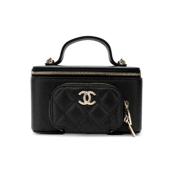 CHANEL 23P SS Litchi Grain Cow Leather Box Bag Makeup Bag Handbag Shoulder Bag Crossbody Bag Medium Size Unisex Black