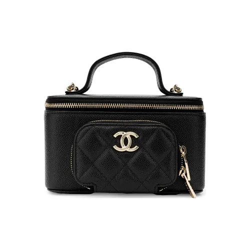 CHANEL 23P SS Litchi Grain Cow Leather Box Bag Makeup Bag Handbag Shoulder Bag Crossbody Bag Medium Size Unisex Black
