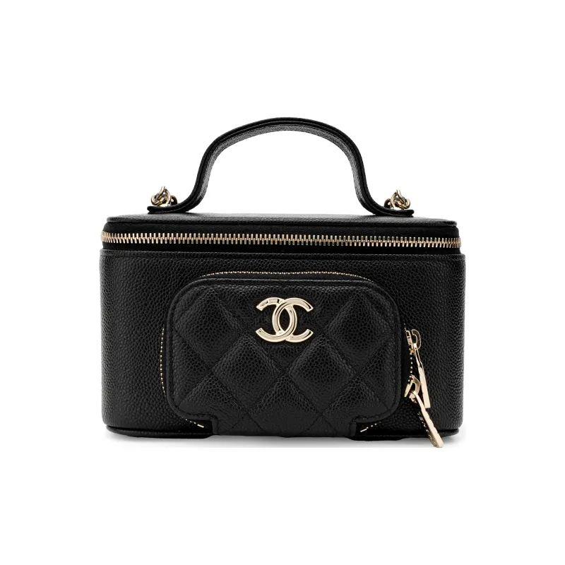 CHANEL 23P SS Litchi Grain Cow Leather Box Bag Makeup Bag Handbag Shoulder Bag Crossbody Bag Medium Size Unisex Black-0