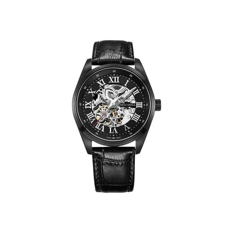 Sea Gull Frontier Automatic Mechanical Movement Genuine Leather Strap Watch Unisex Black Dial-3