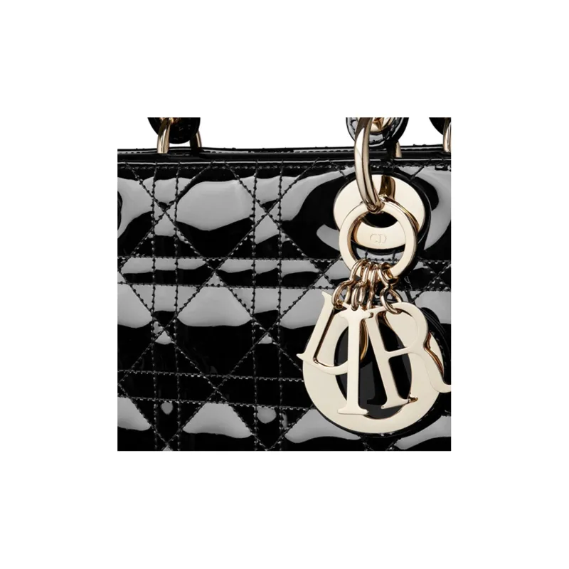 DIOR Lady Dior Patent Leather Cowhide Dior Bag Shoulder Bag Crossbody Bag Handbag Large Size Women's Black-3