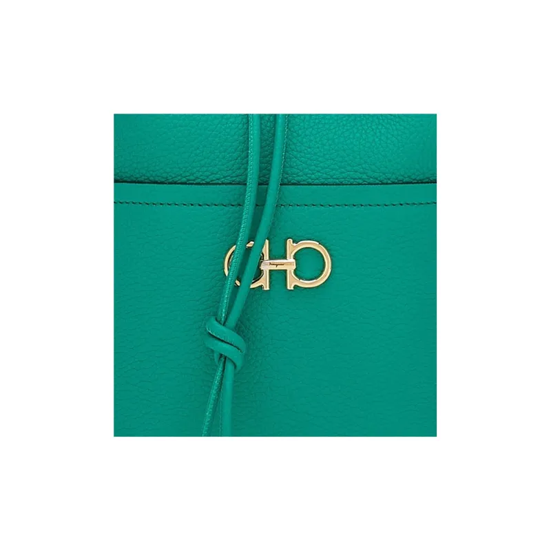 FERRAGAMO GANCINI Hammered Texture Calfskin Bucket Bag, Shoulder Bag, Crossbody Bag Mini Women's Emerald Green-4
