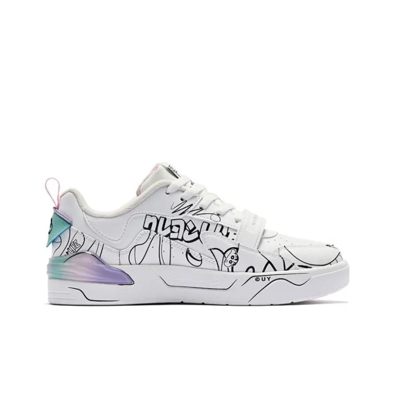 SHINCHAN x QIAODAN Slip Resistant Shock Absorbers Low Top Skateboard Shoes Women's White Cyan Black-1