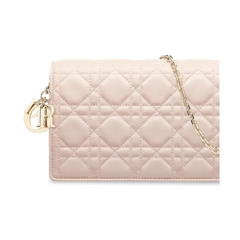 DIOR Lady Dior Lambskin Chain Clutch Women's Gray Pink-5