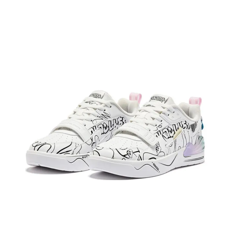 SHINCHAN x QIAODAN Slip Resistant Shock Absorbers Low Top Skateboard Shoes Women's White Cyan Black-2