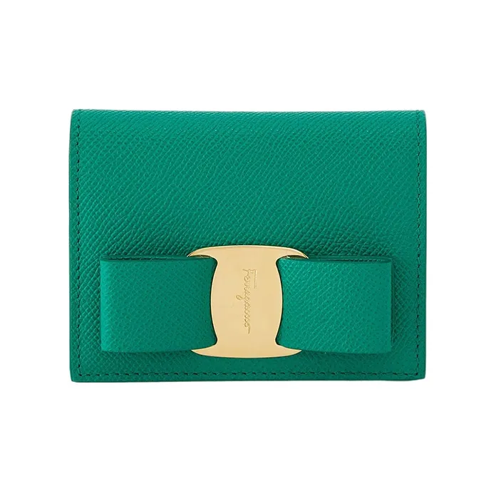 FERRAGAMO Hammered Texture Calfskin Wallet Mini Women's Emerald Green-0