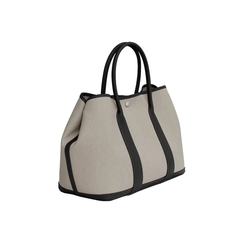 HERMES Garden Party Canvas With Negonda Calfskin Garden Bag Canvas Bag Handbag Women's Gray Black-1