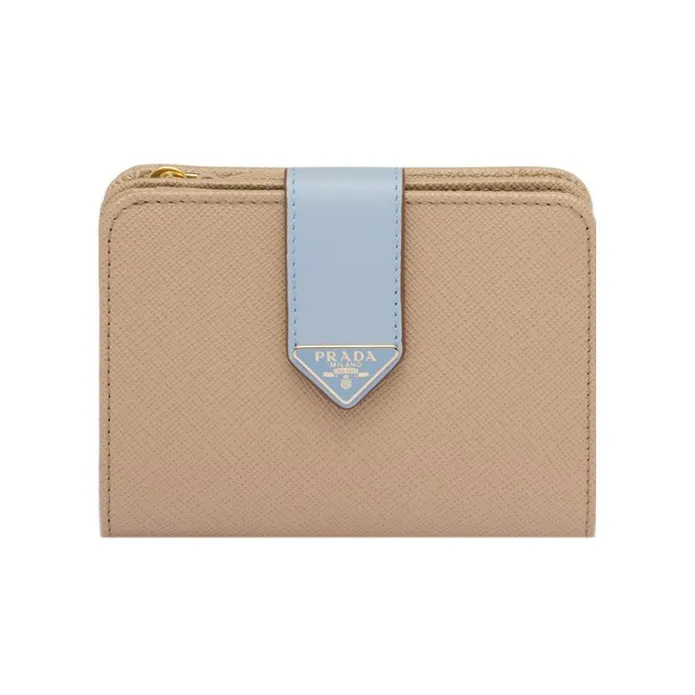PRADA Saffiano Leather Wallet Trumpets Women's Sand/Light Blue-0