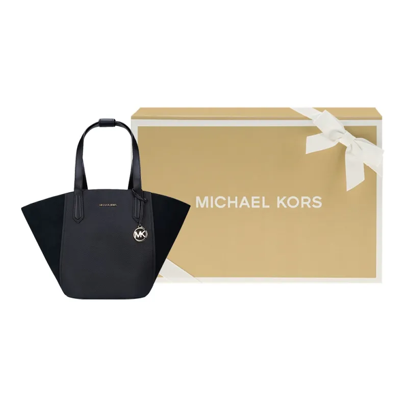 MICHAEL KORS MK Portia Cow Leather Patchwork Suede Basket Bag, Handbag, Shoulder Bag Women's Black-4