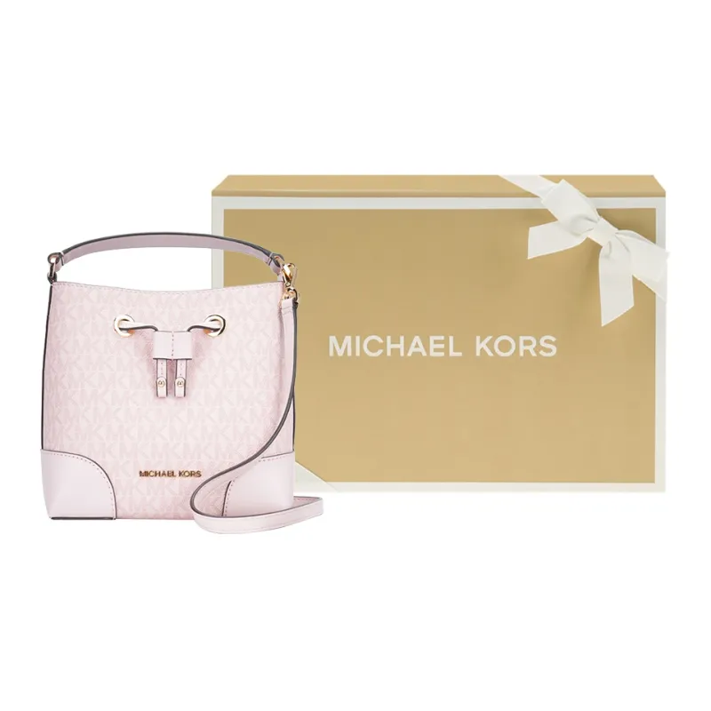 MICHAEL KORS Mercer Coated Canvas With Leather Bucket Bag, Handbag, Shoulder Bag, Crossbody Bag Trumpets Women's Pink-9