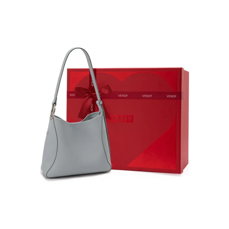 VENOF Cow Leather Bucket Bag, Shoulder Bag Women's Oak Skin White/Misty Blue-14