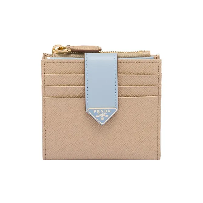 PRADA Saffiano Leather Wallet Small Size Women's Sand/Light Blue-0