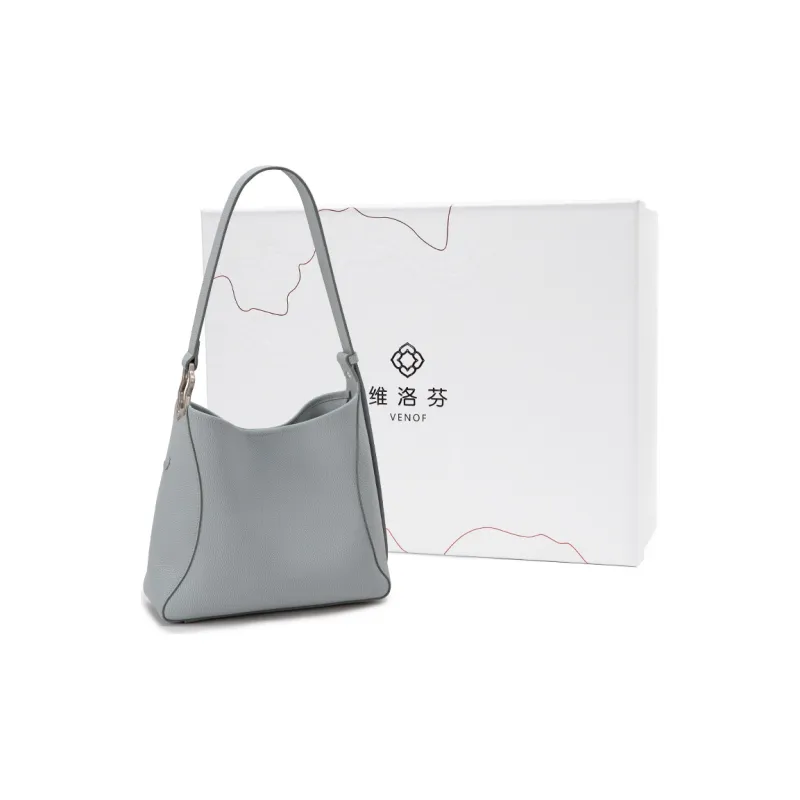 VENOF Cow Leather Bucket Bag, Shoulder Bag Women's Oak Skin White/Misty Blue-13