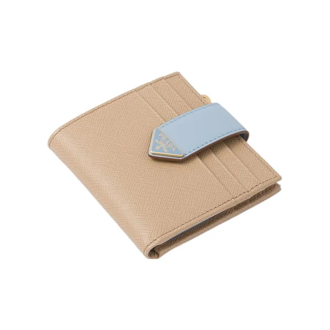PRADA Saffiano Leather Wallet Small Size Women's Sand/Light Blue-1