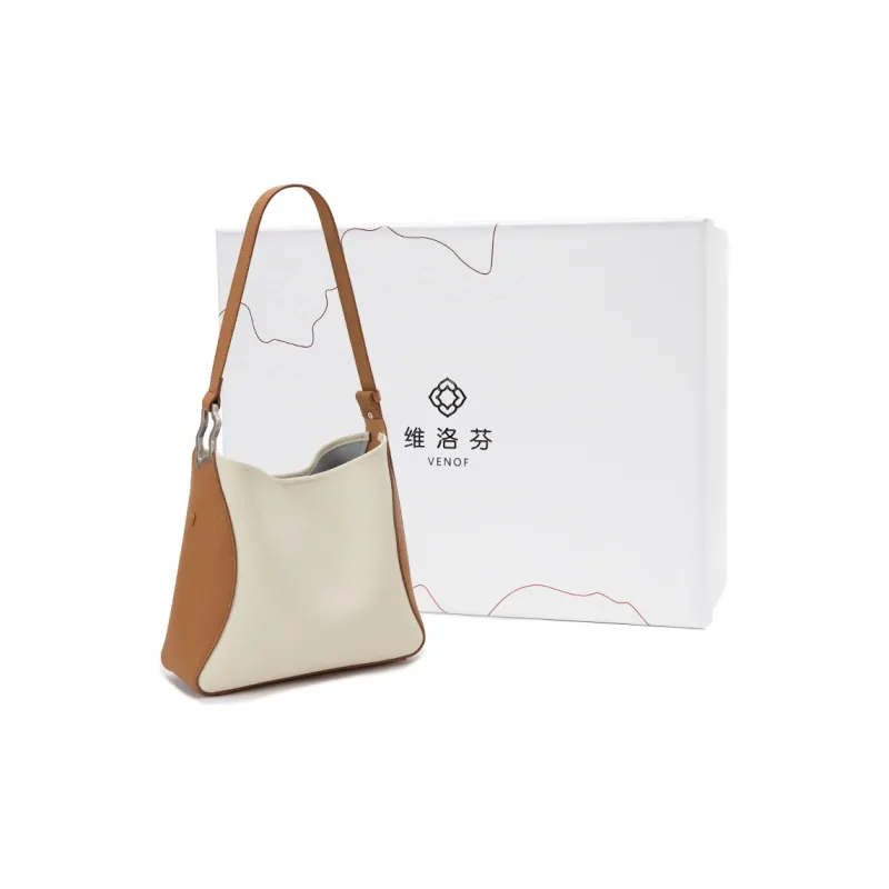VENOF Cow Leather Bucket Bag, Shoulder Bag Women's Oak Skin White/Misty Blue-5