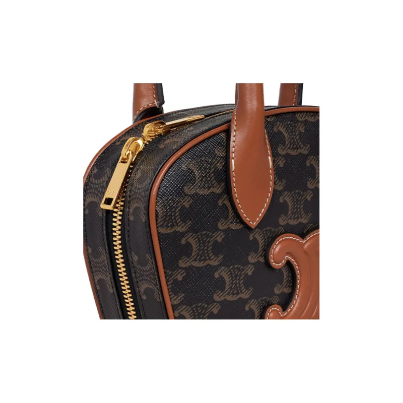 CELINE Cow Leather Bowling Bag Shoulder Bag Crossbody Bag Handbag Mini Women's Tawny-3