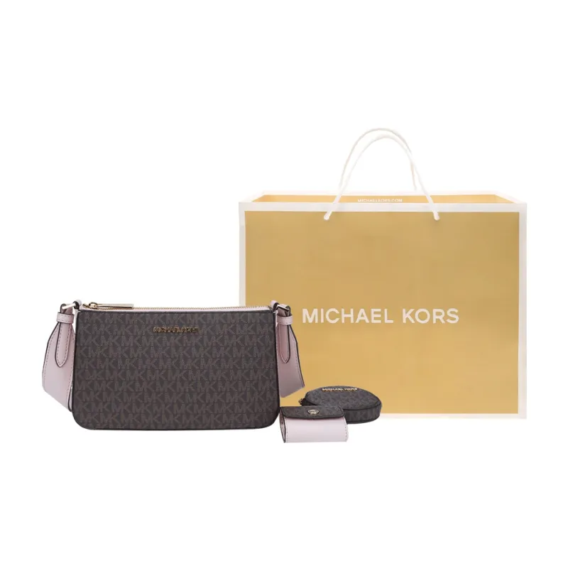 MICHAEL KORS Jet Set Travel Canvas Polyurethane 3 in 1 Shoulder Bag, Crossbody Bag Women's Dark Brown & Light Pink-6