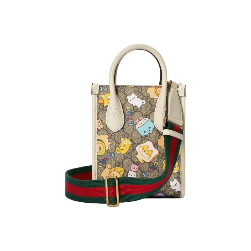 GUCCI Ophidia Canvas With Leather Tote Bag Shopping Bag Shoulder Bag Handbag Mini Men's Beige/Ebony-2