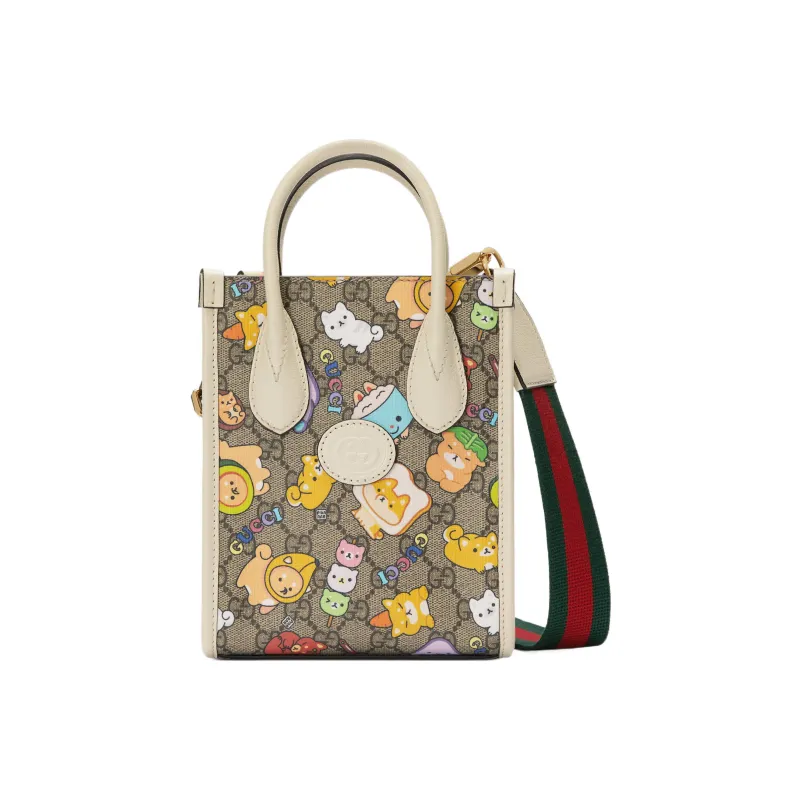 GUCCI Ophidia Canvas With Leather Tote Bag Shopping Bag Shoulder Bag Handbag Mini Men's Beige/Ebony-0