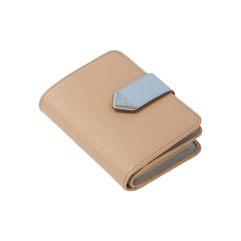 PRADA Saffiano Leather Wallet Trumpets Women's Sand/Light Blue-2
