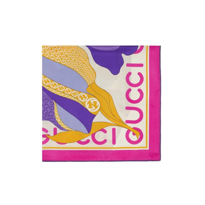 GUCCI Silk Scarves Women's Rose Red/Beige/Purple-1