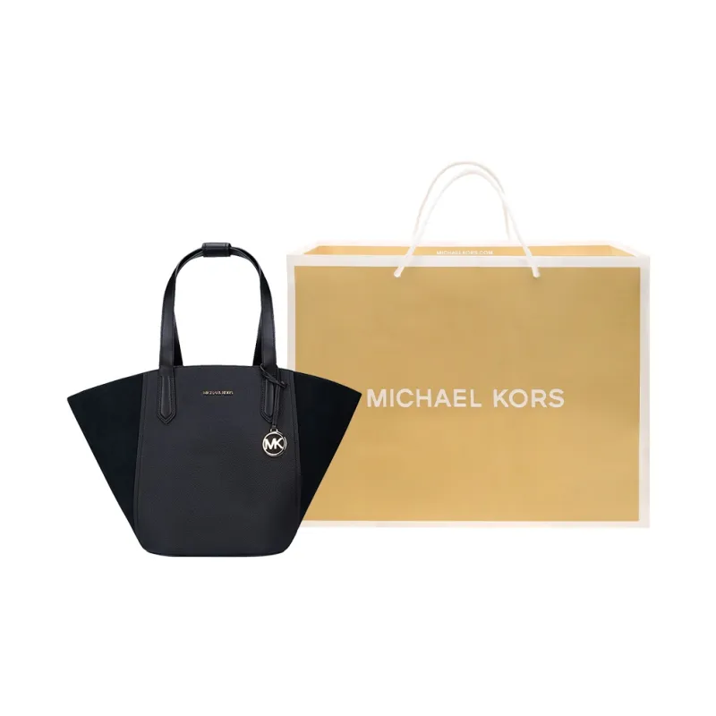 MICHAEL KORS MK Portia Cow Leather Patchwork Suede Basket Bag, Handbag, Shoulder Bag Women's Black-3