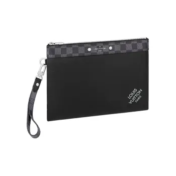 LOUIS VUITTON Pochette To Go Cow Leather With Graphite Chessboard Canvas Clutch Regular Men's Black